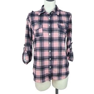 New York Laundry Shirt Womens M Pink Black plaid Long Sleeve Button Up Casual